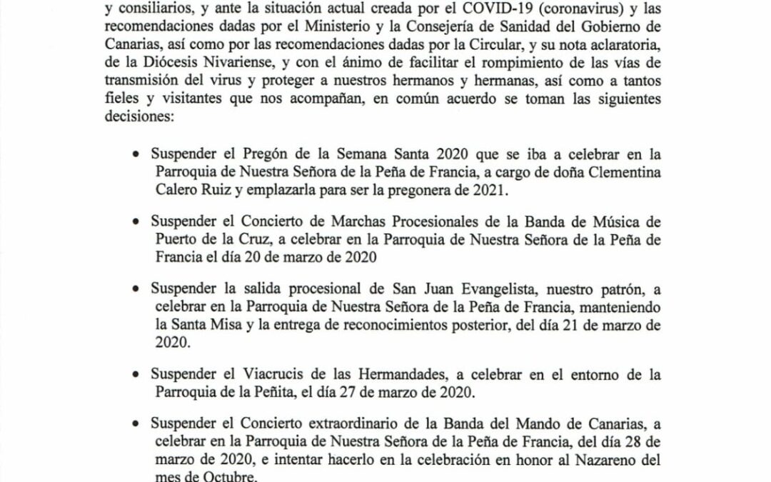 La Junta de Hermandades y Cofradias «Santo Madero» suspende de manera oficial los actos de CUARESMA